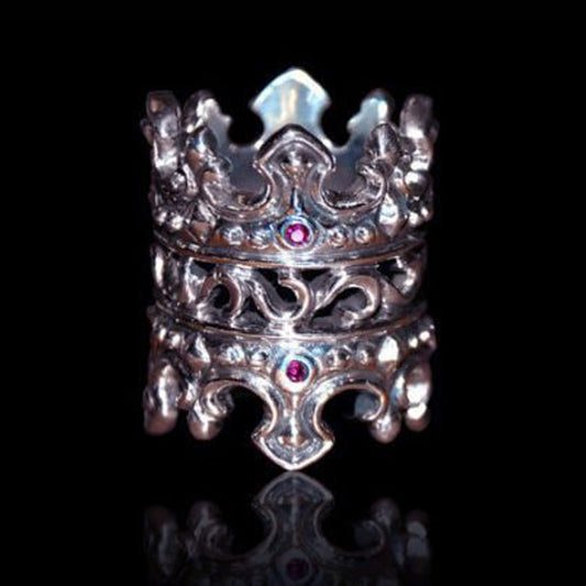 Double Crown Sterling Silver Cigar Ring with Ruby