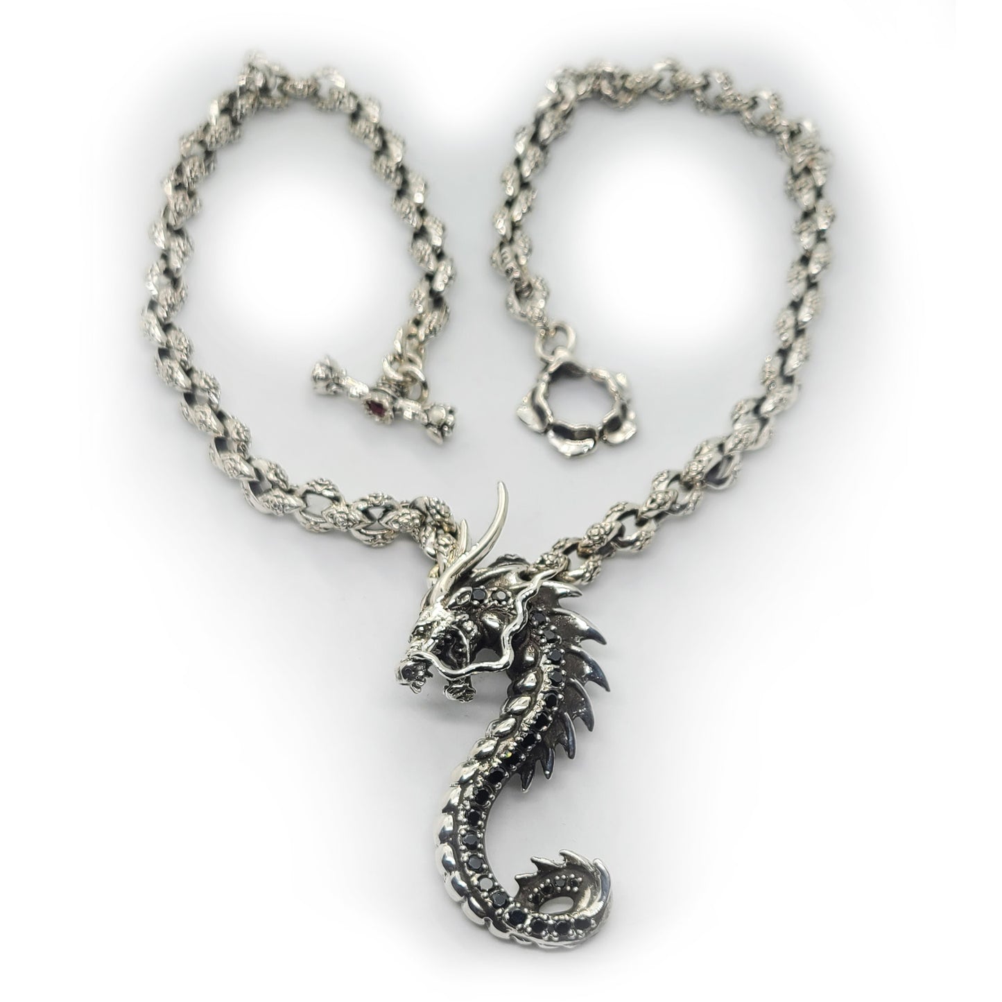 Dragon Seahorse with Onyx Stones Sterling Silver Necklace