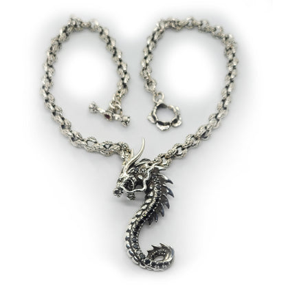 Dragon Seahorse with Onyx Stones Sterling Silver Necklace