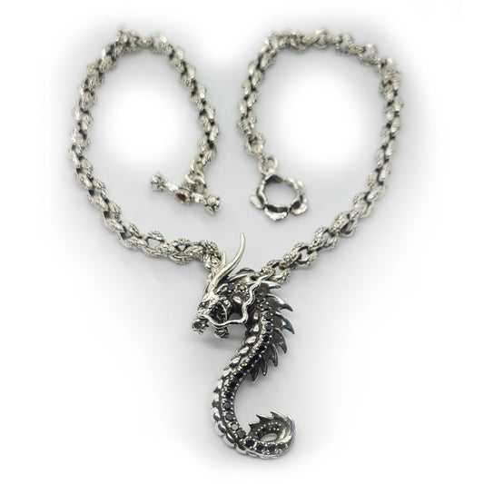 Dragon Seahorse with Onyx Stones Sterling Silver Necklace