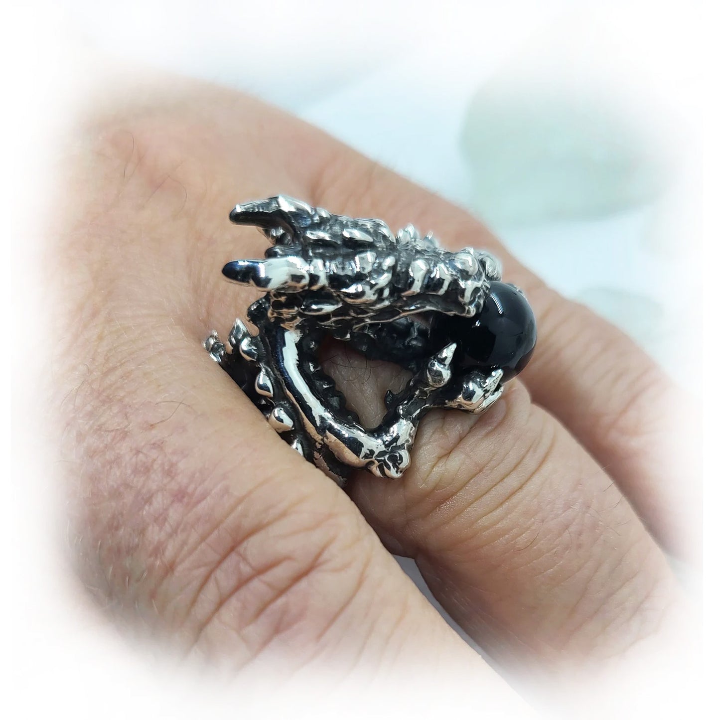 Dragon With Onyx Ball Sterling Silver Ring