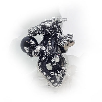 Dragon With Onyx Ball Sterling Silver Ring