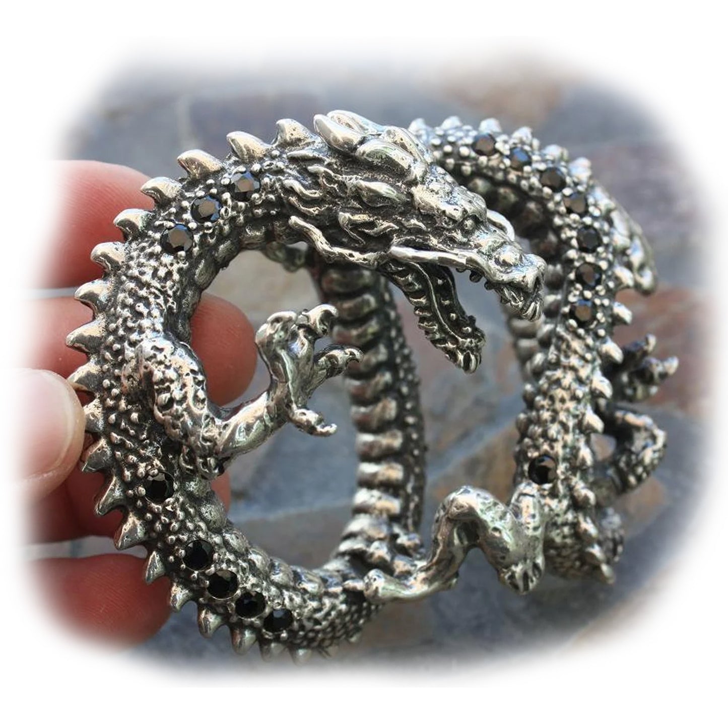 Dragon Sterling Silver Belt Buckle With Onyx Stones