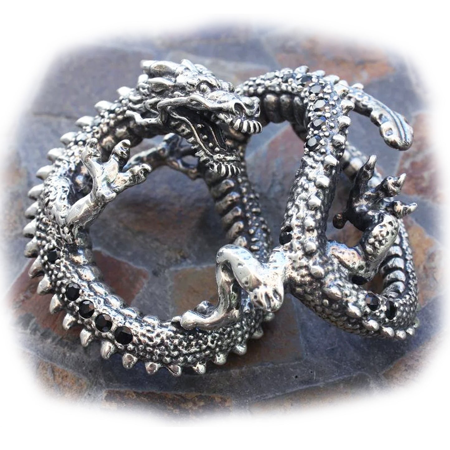 Dragon Sterling Silver Belt Buckle With Onyx Stones