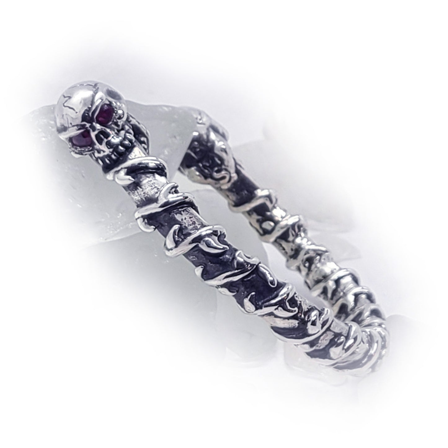 Dual Skull Silver Bracelet with Rubies