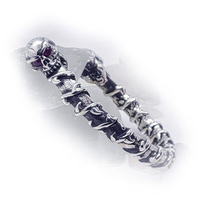 Dual Skull Silver Bracelet with Rubies