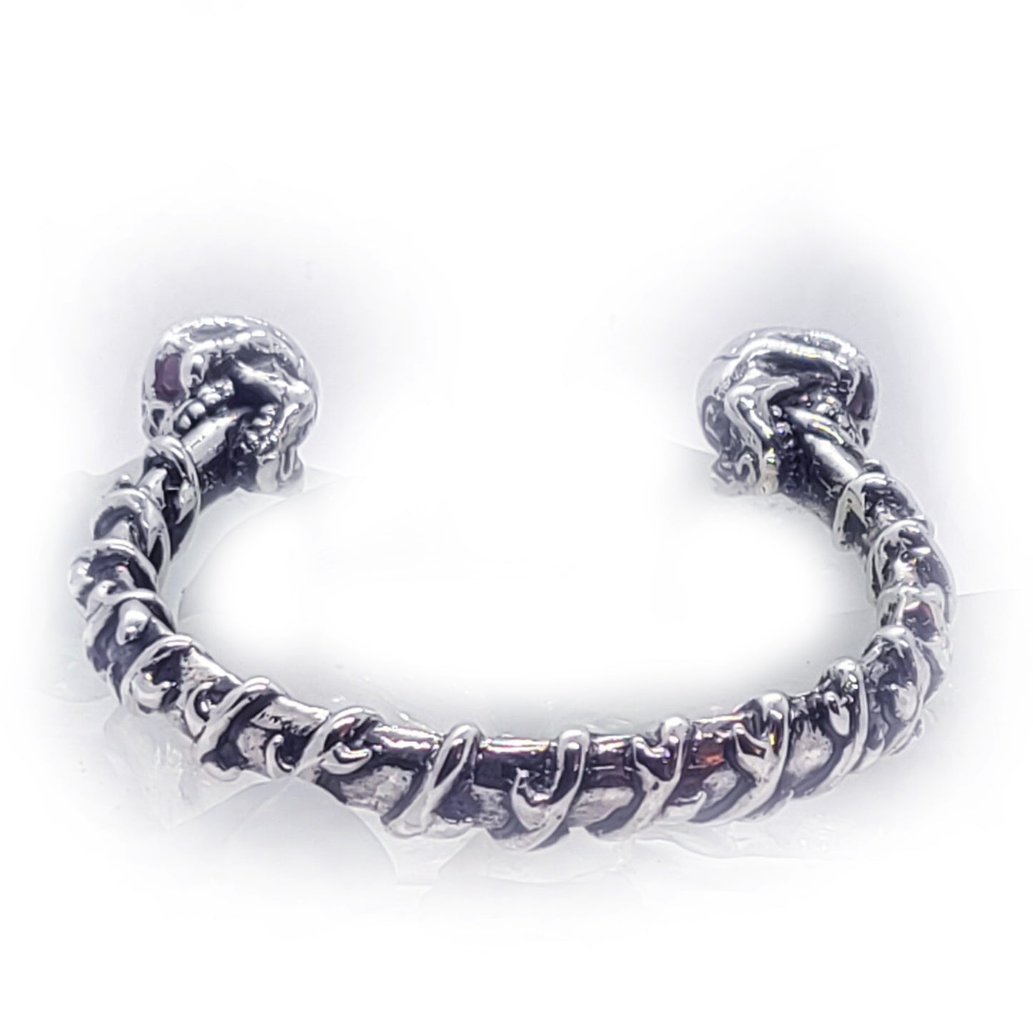 Dual Skull Silver Bracelet with Rubies
