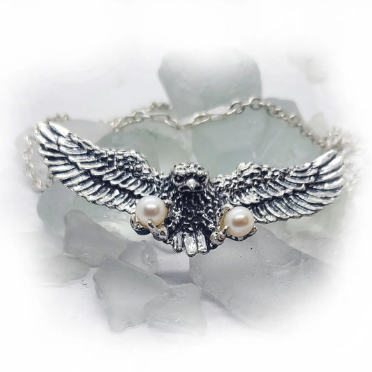 Eagle flying With Pearls Sterling Silver Necklace