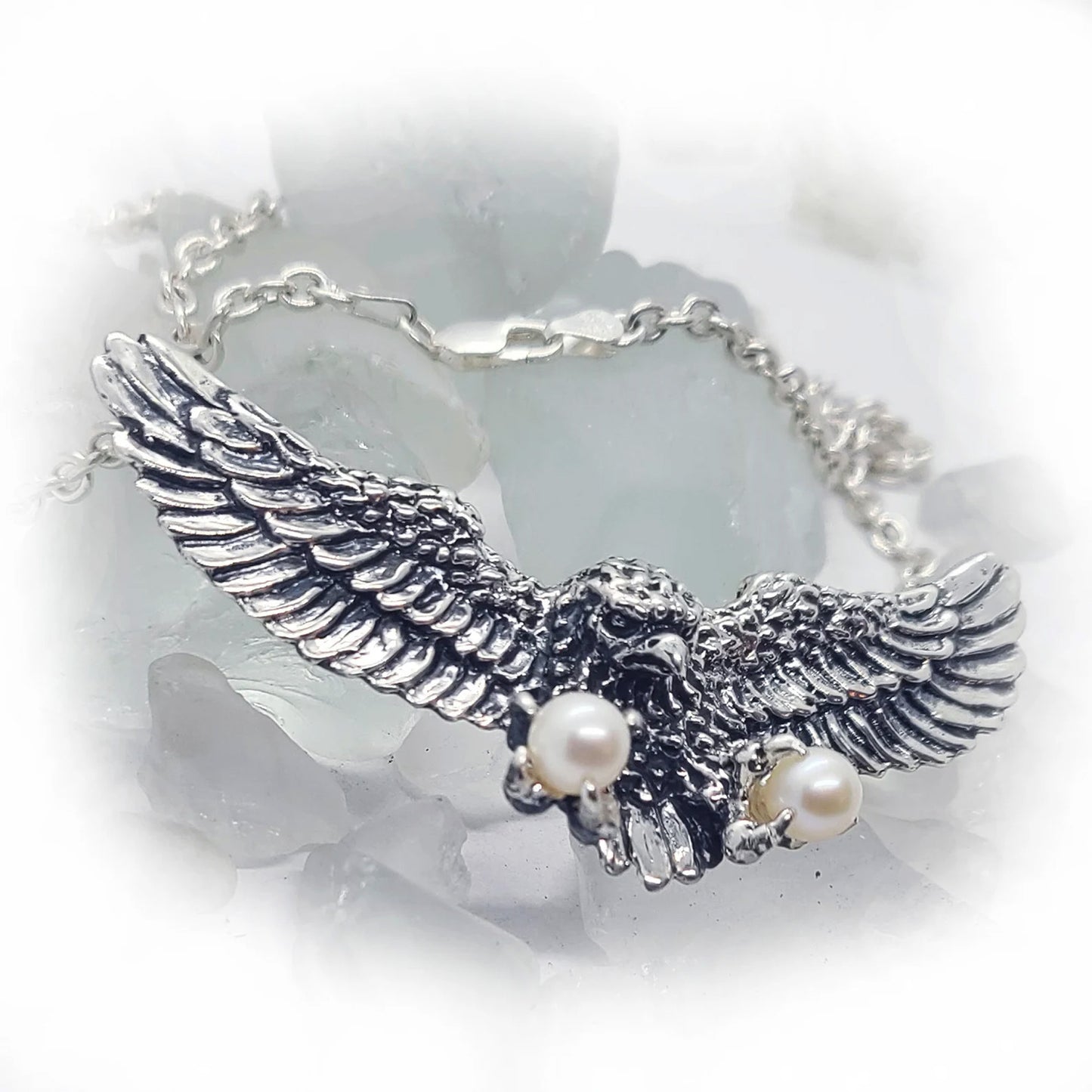 Eagle flying With Pearls Sterling Silver Necklace