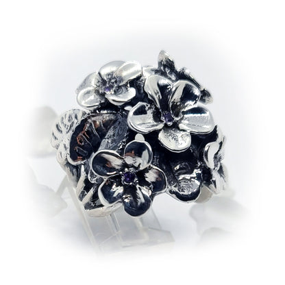 February Birth Flower Violet Silver Ring
