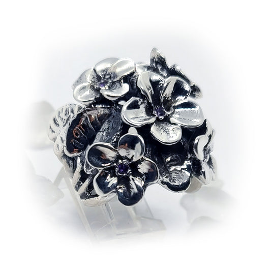 February Birth Flower Violet Silver Ring