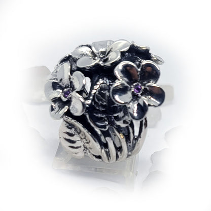 February Birth Flower Violet Silver Ring