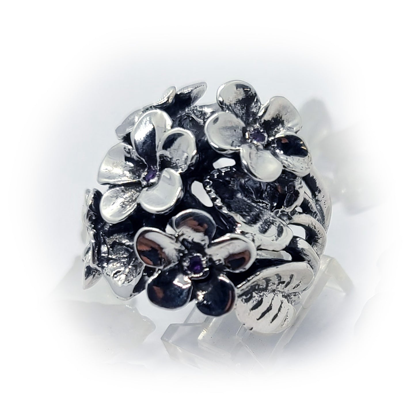 February Birth Flower Violet Silver Ring