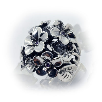 February Birth Flower Violet Silver Ring