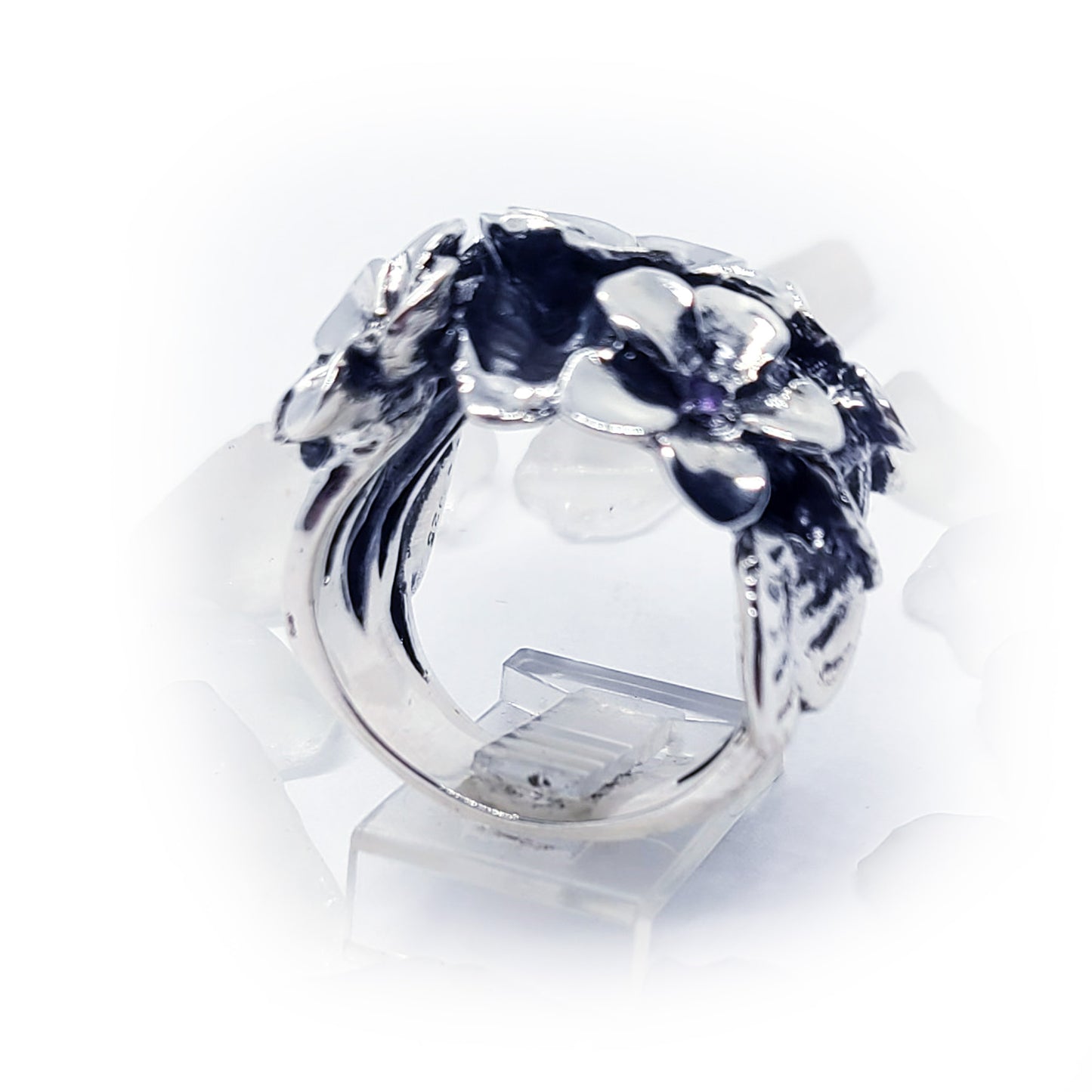 February Birth Flower Violet Silver Ring