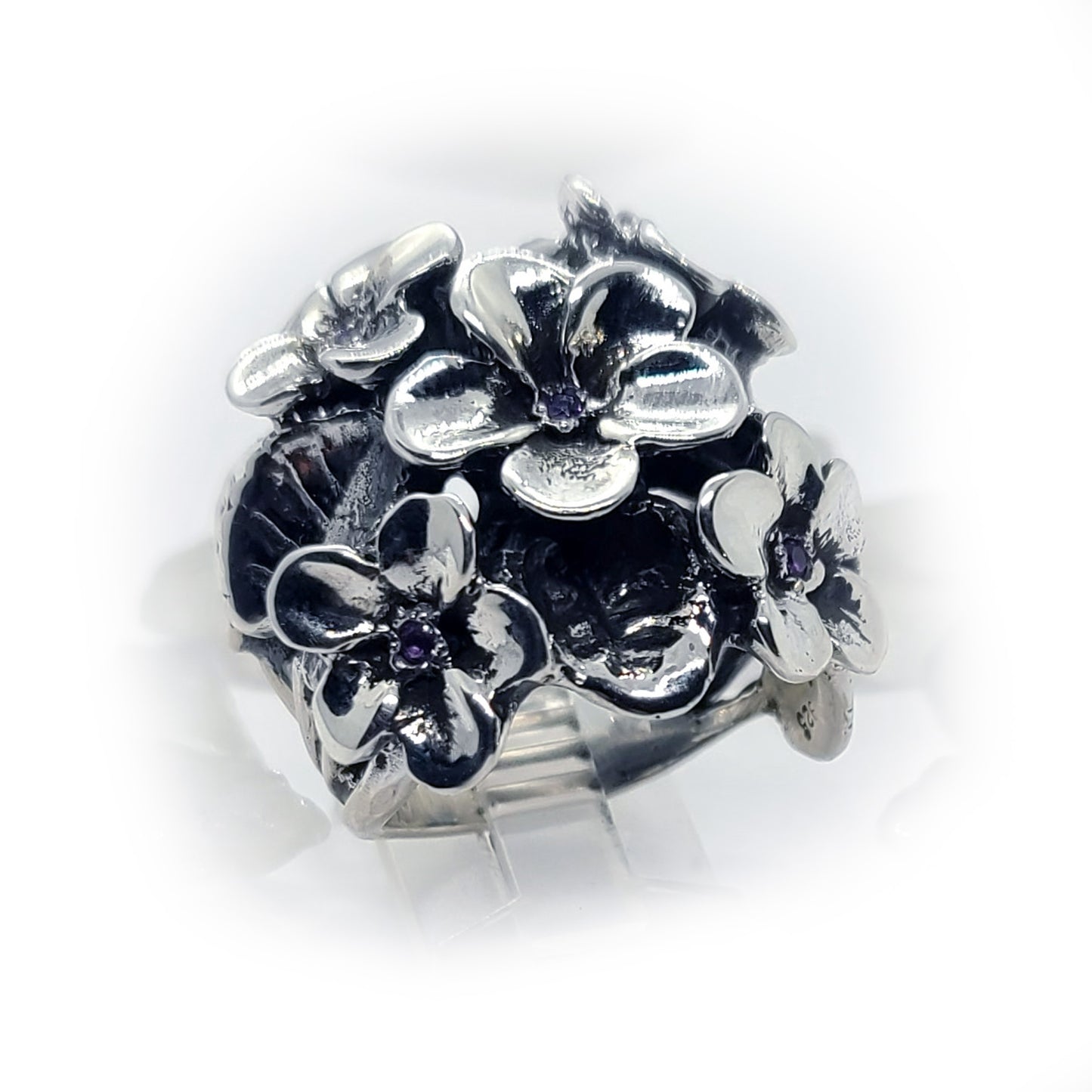 February Birth Flower Violet Silver Ring