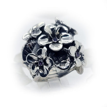 February Birth Flower Violet Silver Ring