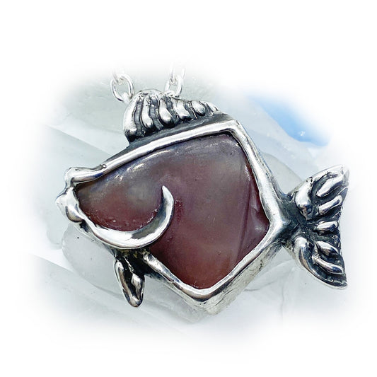Fishy Fishy with Natural Red Agate Stone Sterling Silver Necklace