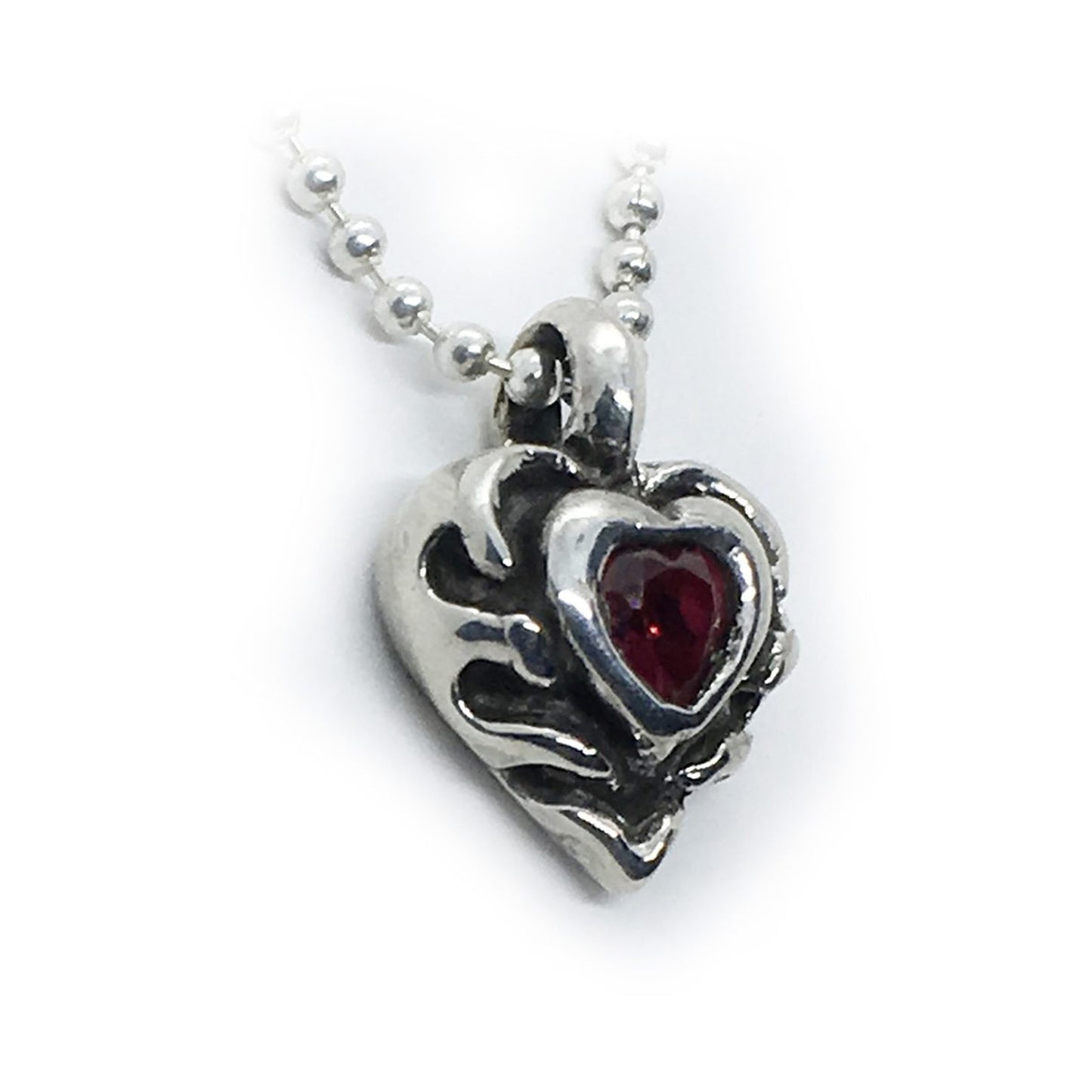 Flame of Heart with Red Heart Stone Sterling Silver Pendant