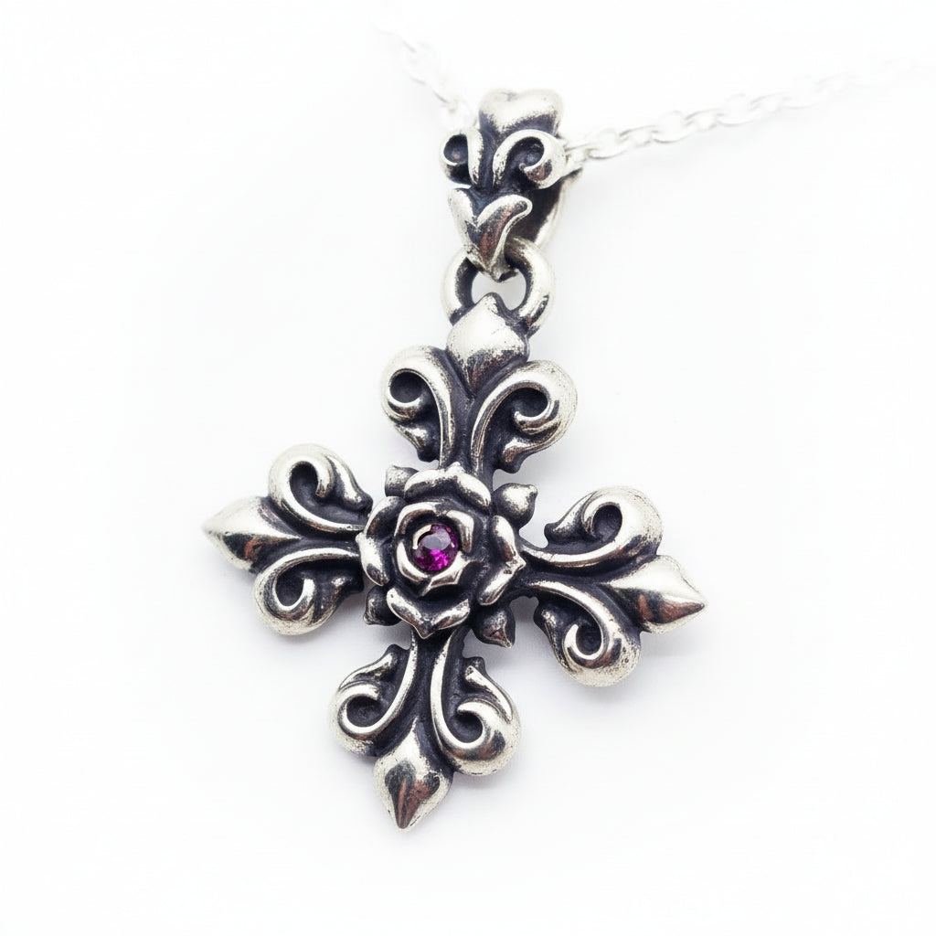 Fleur-de-lis Rose Cross with Ruby Sterling Silver Pendant
