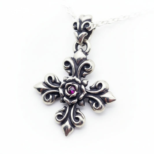 Fleur-de-lis Rose Cross with Ruby Sterling Silver Pendant