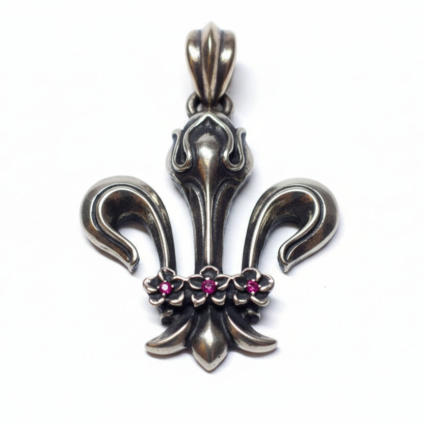 Fleur De Lis Sterling Silver Pendant V7 with Rubies