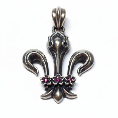 Fleur De Lis Sterling Silver Pendant V7 with Rubies