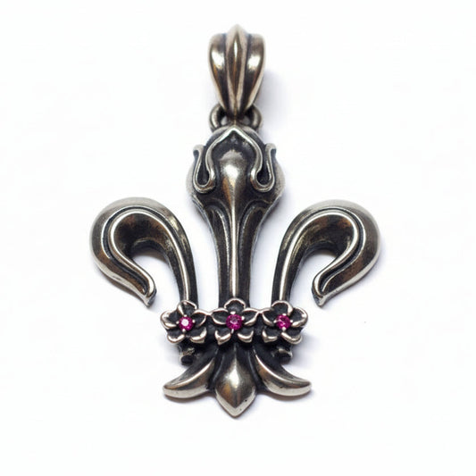 Fleur De Lis Sterling Silver Pendant V7 with Rubies