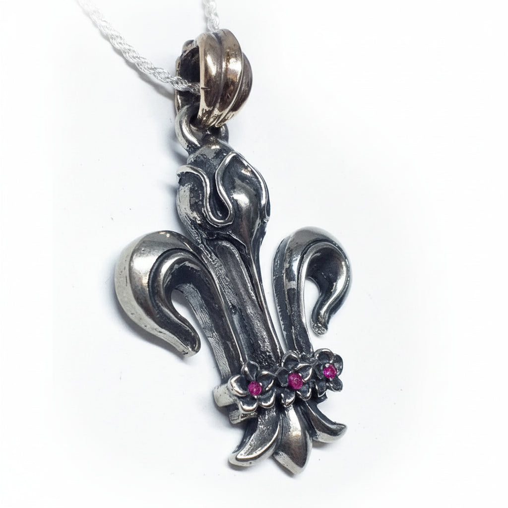 Fleur De Lis Sterling Silver Pendant V7 with Rubies