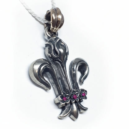 Fleur De Lis Sterling Silver Pendant V7 with Rubies