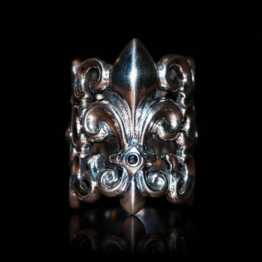 Fleu -De-Lis Sterling Silver Cigar Ring with Ruby