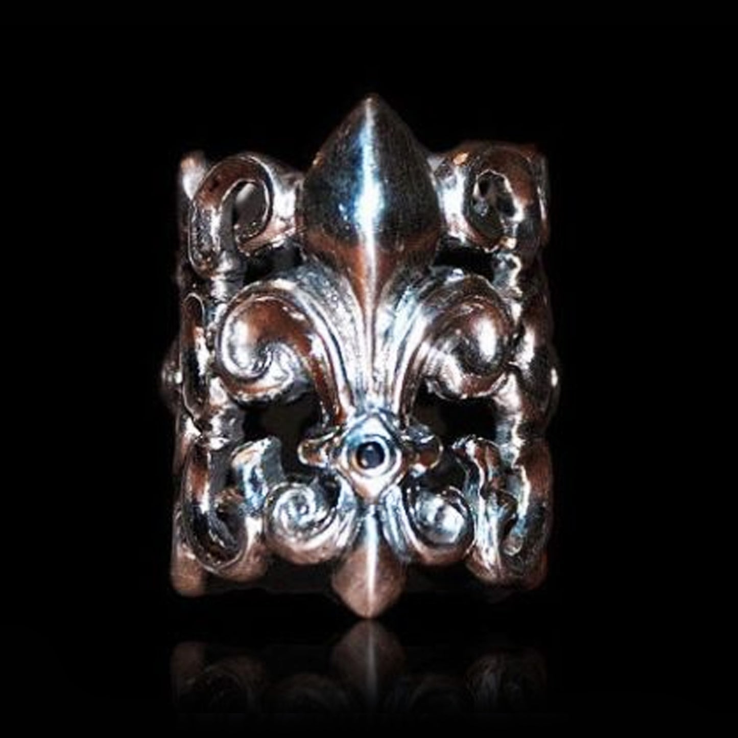 Fleu -De-Lis Sterling Silver Cigar Ring with Ruby