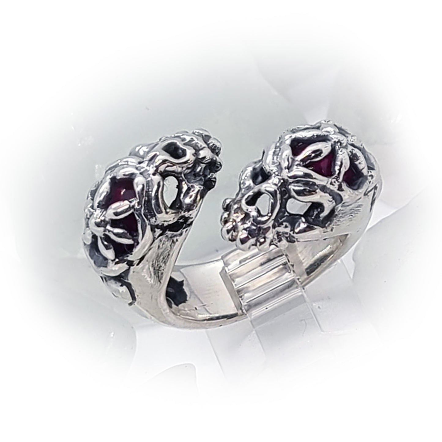 Gemini Skull Sterling Silver Ring with Red Stones