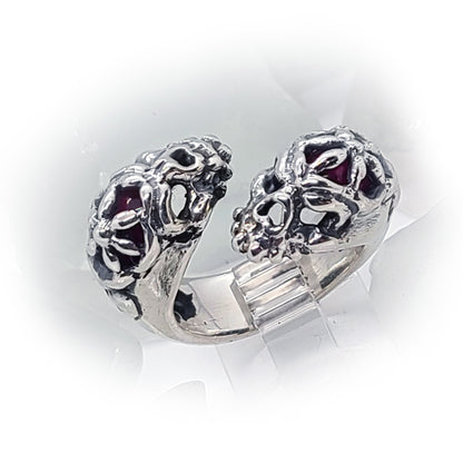 Gemini Skull Sterling Silver Ring with Red Stones