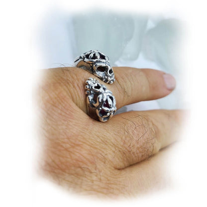 Gemini Skull Sterling Silver Ring with Red Stones