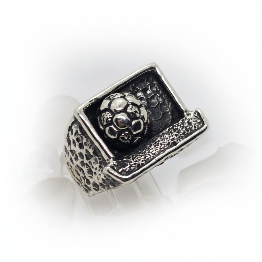 Gooaall Soccer Goal with Ball in Sterling Silver ring