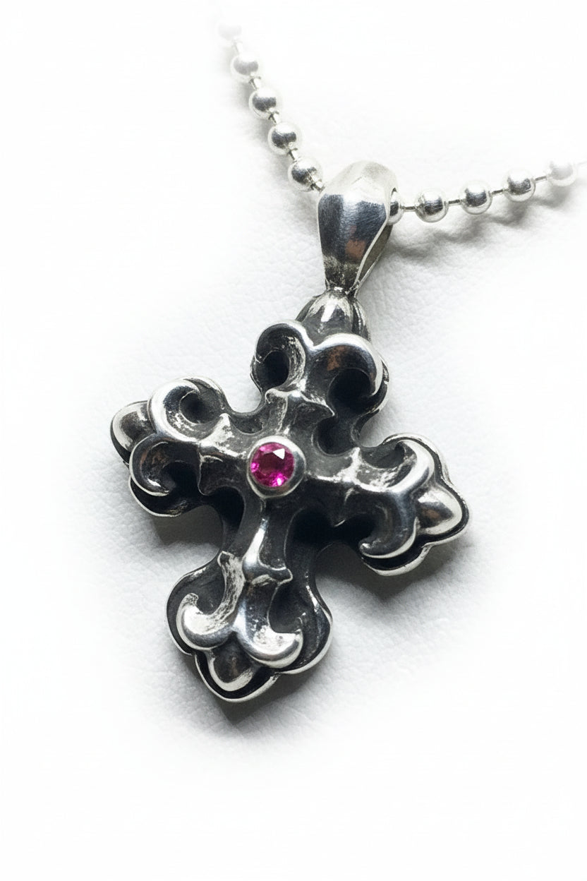 Gothic Cross with Ruby Stone Sterling Silver Pendant