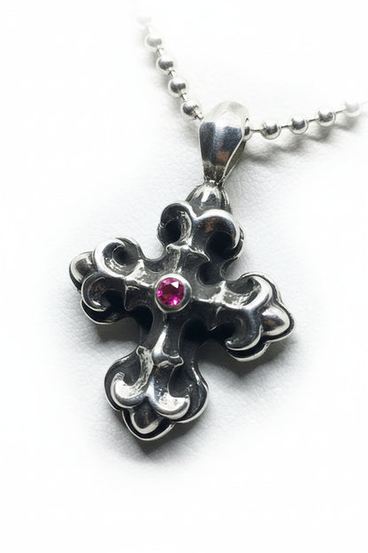 Gothic Cross with Ruby Stone Sterling Silver Pendant