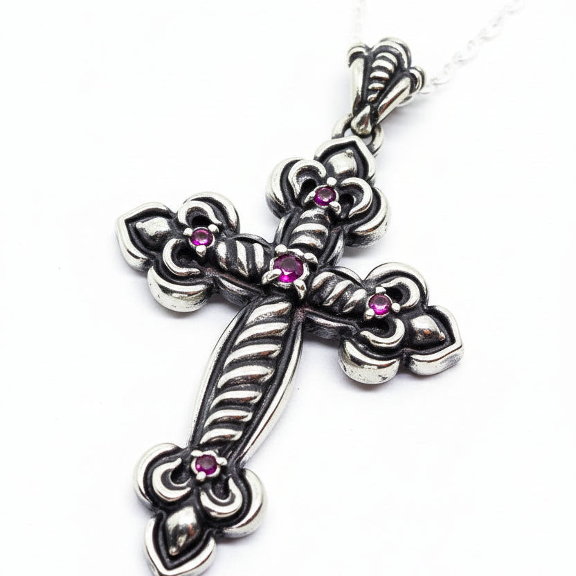 Heavenly Cross with Ruby Stones Sterling Silver Pendant