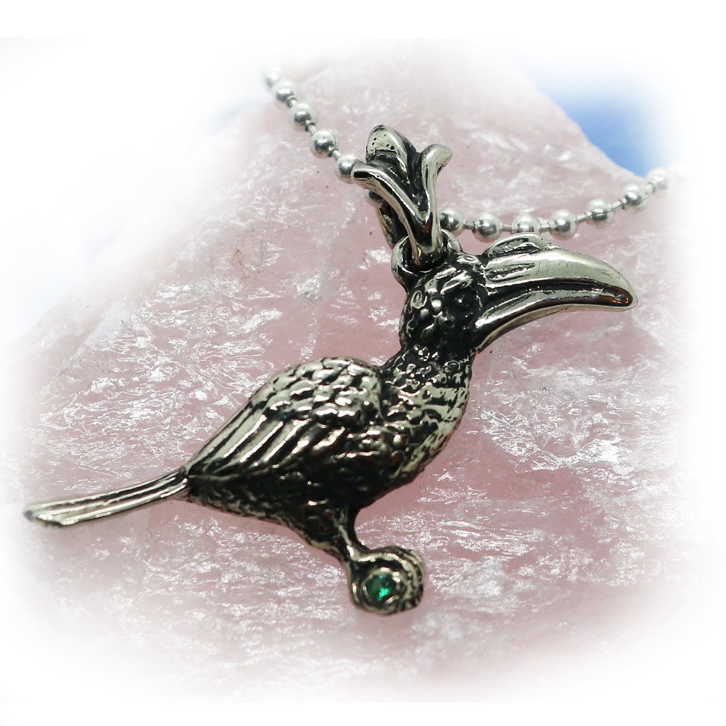 Hornbill Silver Pendant with Emerald Stone
