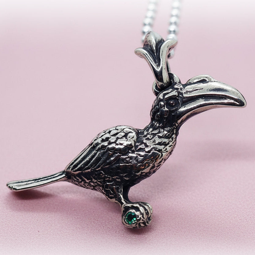 Hornbill Silver Pendant with Emerald Stone