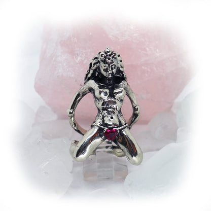 Horny Woman with Red CZ Heart shape Stone Panties Silver Ring