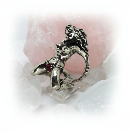 Horny Woman with Red CZ Heart shape Stone Panties Silver Ring