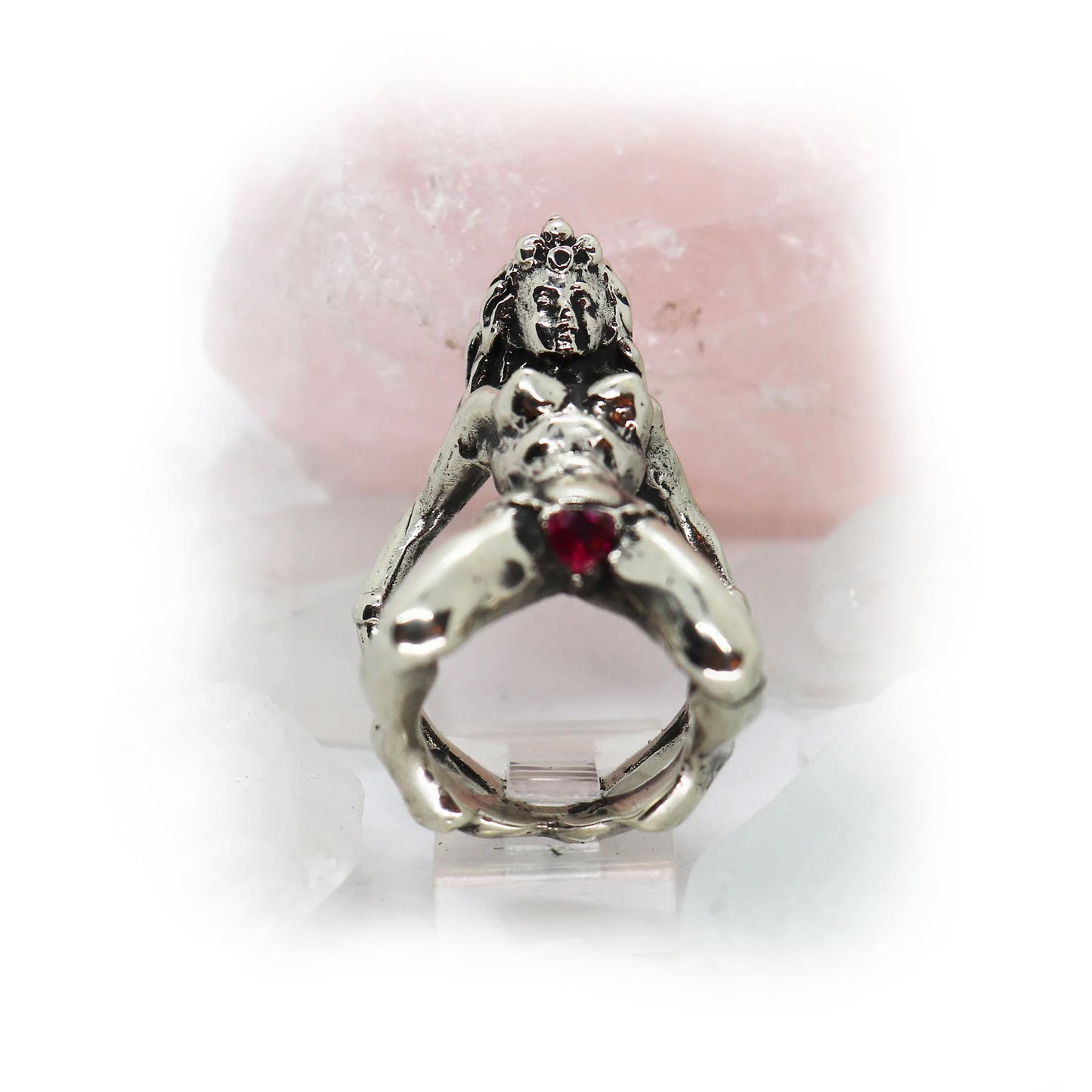 Horny Woman with Red CZ Heart shape Stone Panties Silver Ring