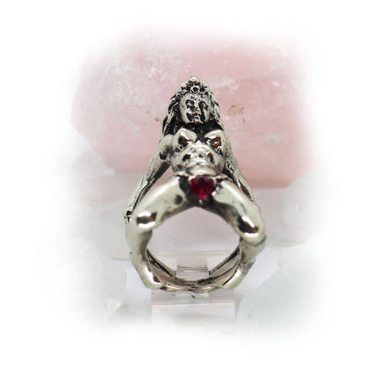 Horny Woman with Red CZ Heart shape Stone Panties Silver Ring
