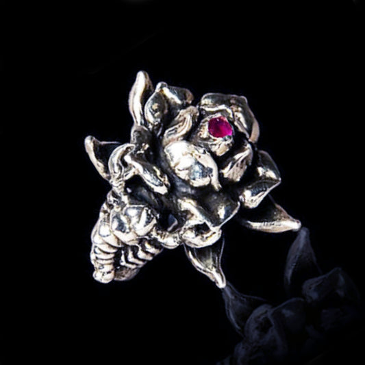 Rose With Scorpion Sterling Silver Ring with Ruby