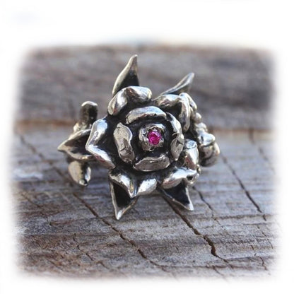 Rose With Scorpion Sterling Silver Ring with Ruby