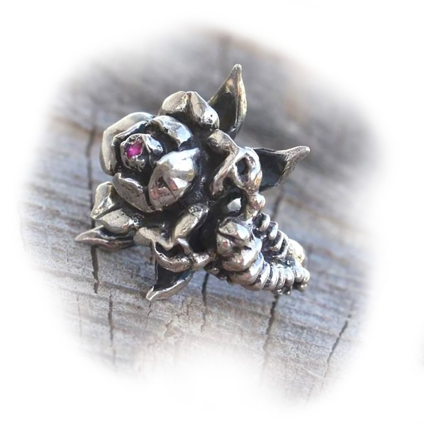 Rose With Scorpion Sterling Silver Ring with Ruby