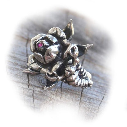Rose With Scorpion Sterling Silver Ring with Ruby