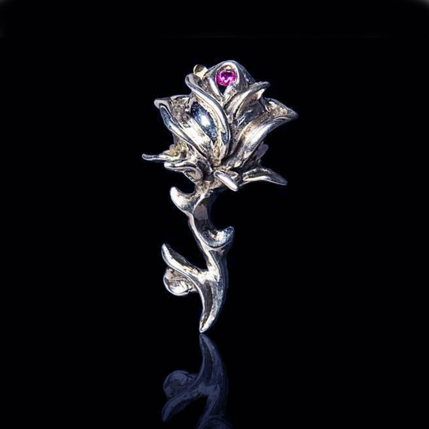 Imperial Small Rose Sterling Silver Pendant With Ruby Stone